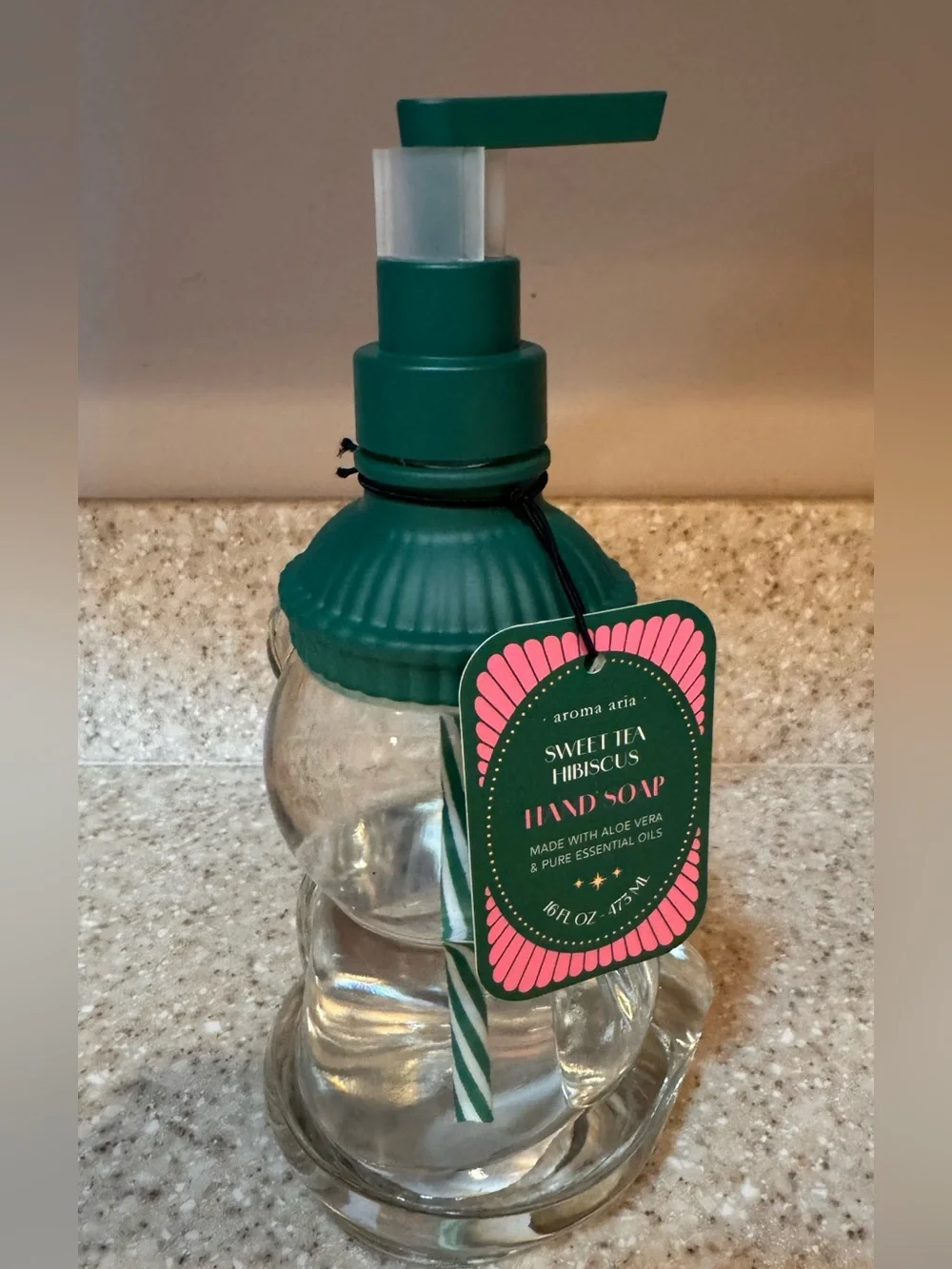 Clear Glass Bear Holding Coffee Soap Dispenser with Pump Resembles Starbucks